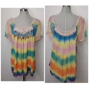 RAINBOW striped gauzy crochet swim cover dress S/M